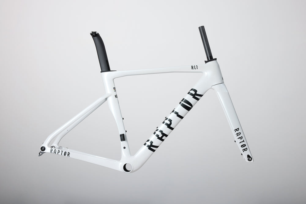 White bicycle frame with 'Raptor' branding on a gray background